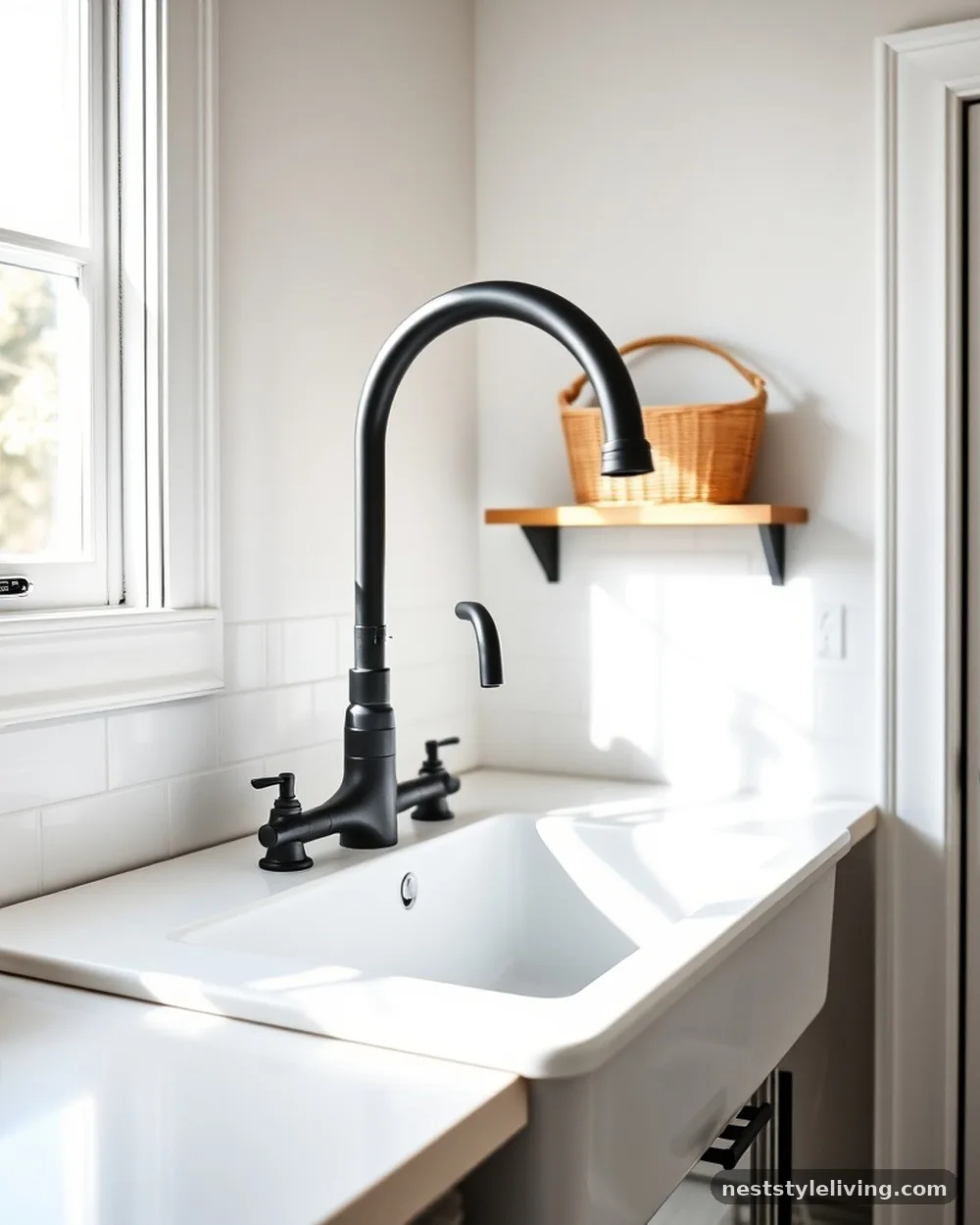 Matte Black Gooseneck Faucet - 23 Farmhouse Laundry Room Ideas for a Cozy Space