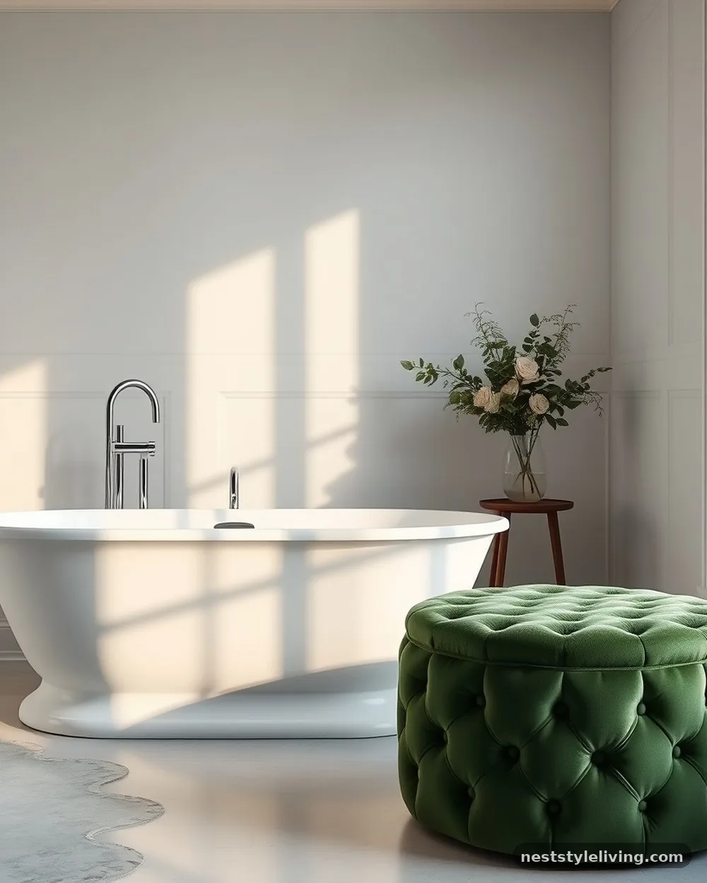 Moss Green Velvet Stool - 22 Green Bathroom Ideas for a Fresh, Serene Space
