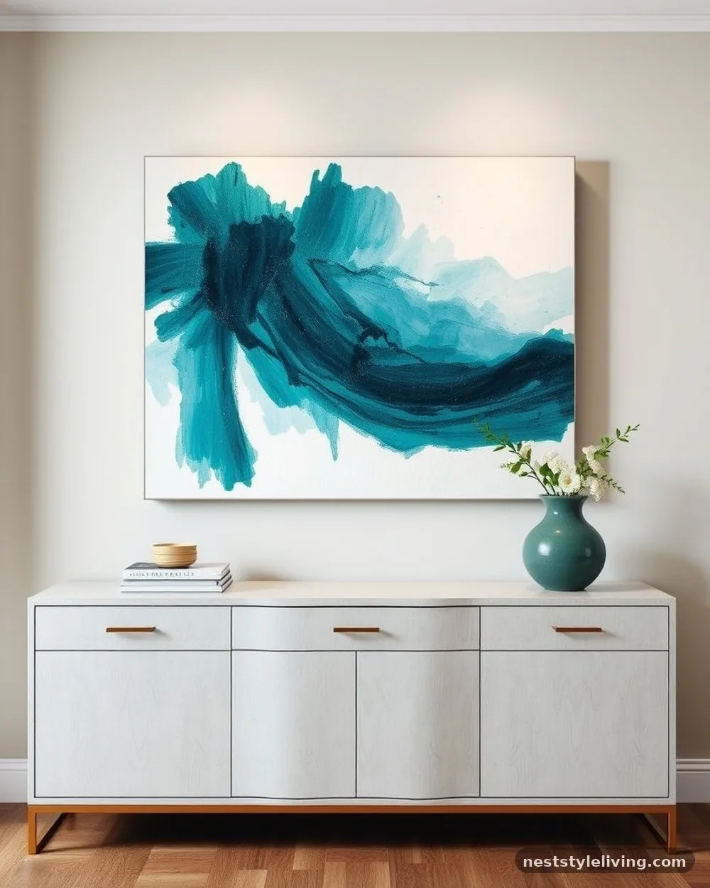 Teal Blue Abstract Statement Art - 19 Blue Living Room Ideas That Make a Bold Statement