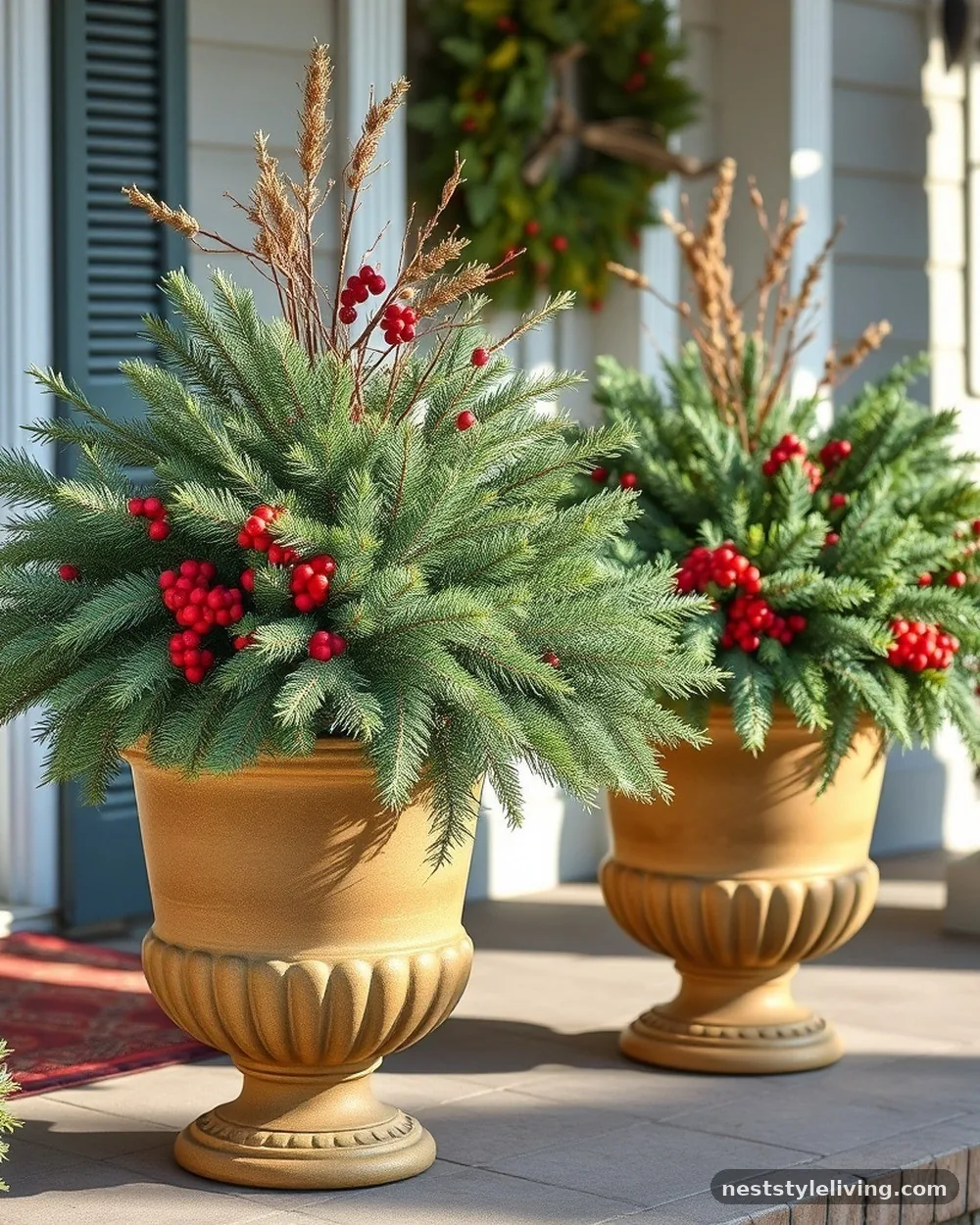 Weather-Resistant Urns with Greenery - 17 Winter Porch Ideas for a Cozy Seasonal Welcome