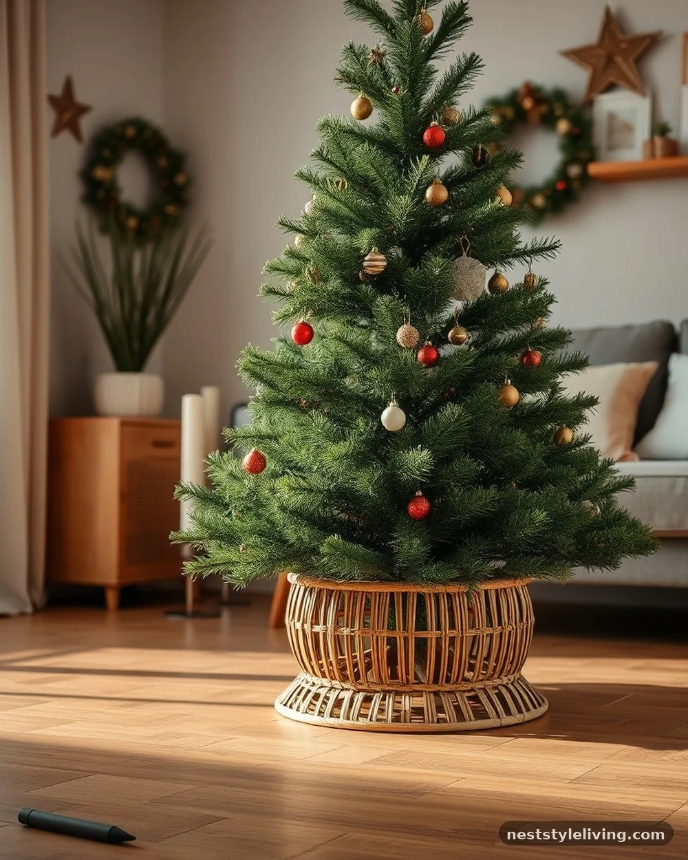 Woven Rattan Tree Collars - 20 Timeless Christmas Home Ideas for Cozy Holidays