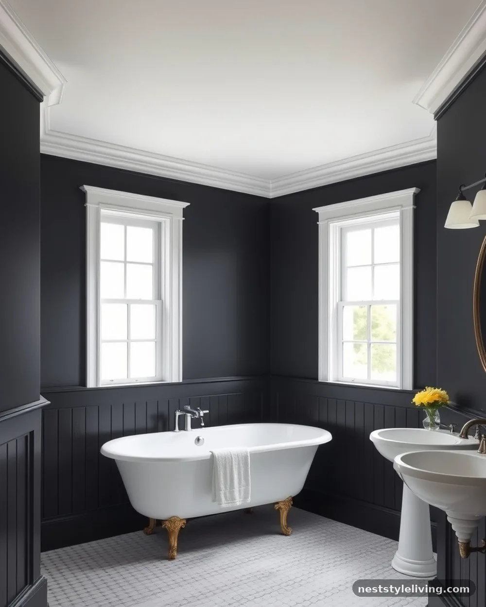 Black Wainscoting with White Upper Walls - 14 Black and White Bathroom Ideas That Look Timeless