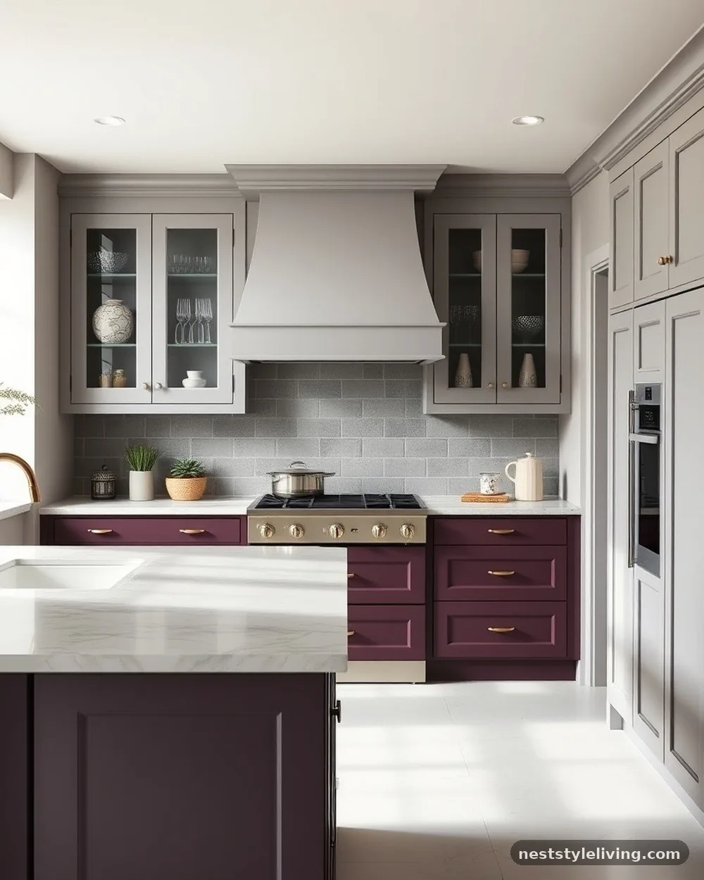 Deep Plum and Light Grey - 22 Two Tone Kitchen Cabinet Ideas to Try at Home