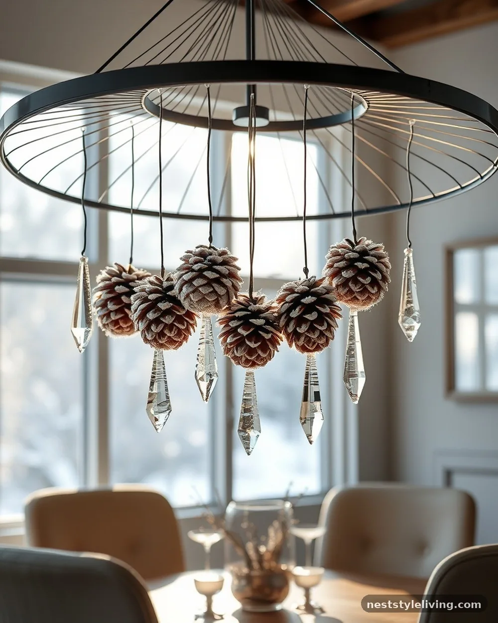 Frosted Pinecone and Crystal Chandelier - 17 DIY Christmas Centerpieces for a Bougie Holiday