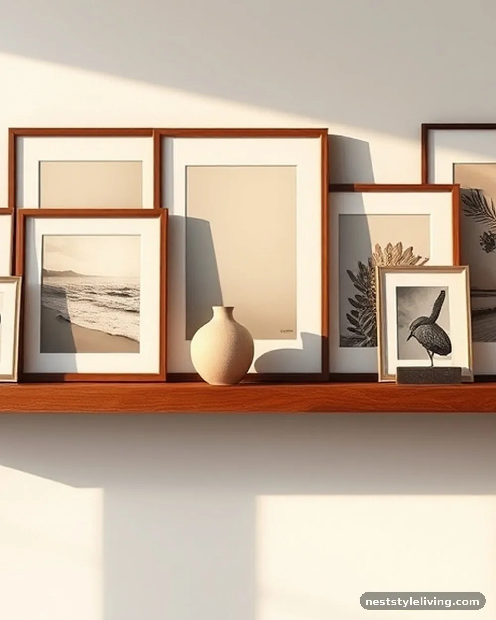 Floating Shelves with Layered Art - 15 Living Room Wall Art Ideas That Look Expensive