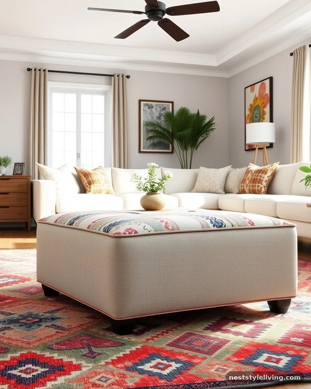 Multipurpose Kilim Ottoman - 21 Boho Apartment Ideas for a Cozy Soulful Space