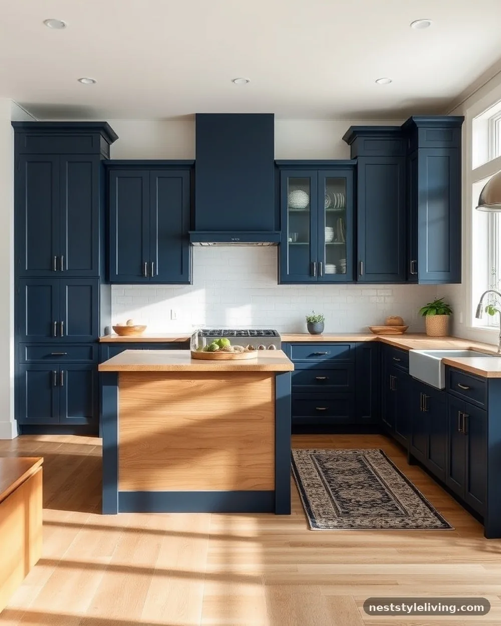 Navy and Natural Wood Island - 22 Two Tone Kitchen Cabinet Ideas to Try at Home