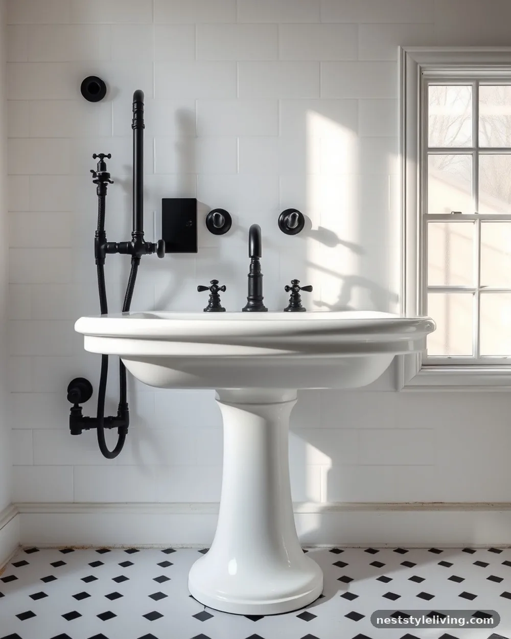 Pedestal Sink with Black Plumbing - 14 Black and White Bathroom Ideas That Look Timeless