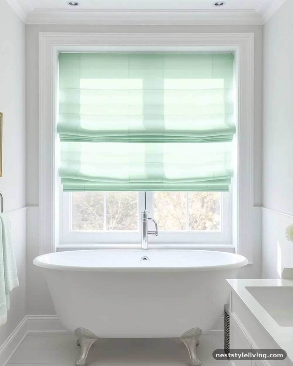 Soft Seafoam Green Roman Blinds - 22 Green Bathroom Ideas for a Fresh, Serene Space