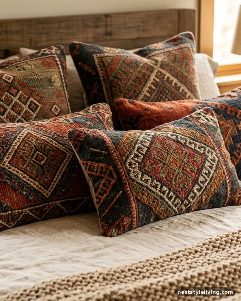 Vintage Kilim Throw Pillows - 18 Earthy Boho Bedroom Ideas for a Calm Cozy Retreat
