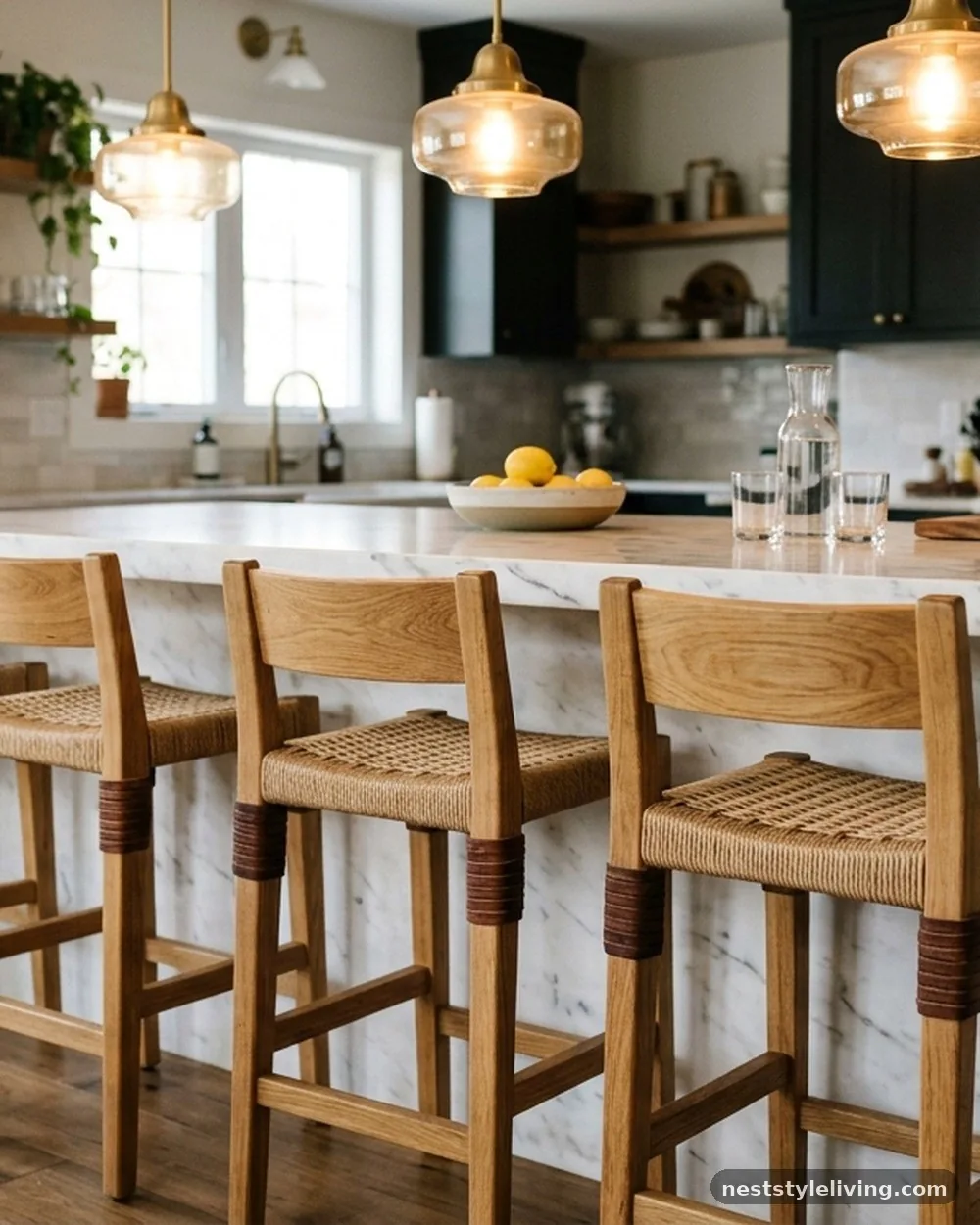 Woven Bar Stools with Leather Accents - 16 Boho Kitchen Ideas That Feel Collected and Beautiful