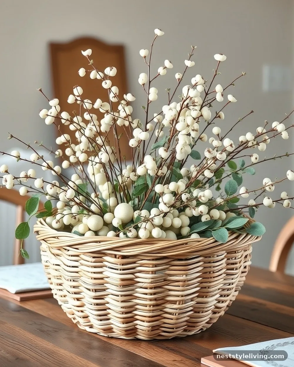 Woven Seagrass and White Berry Basket - 17 DIY Christmas Centerpieces for a Bougie Holiday