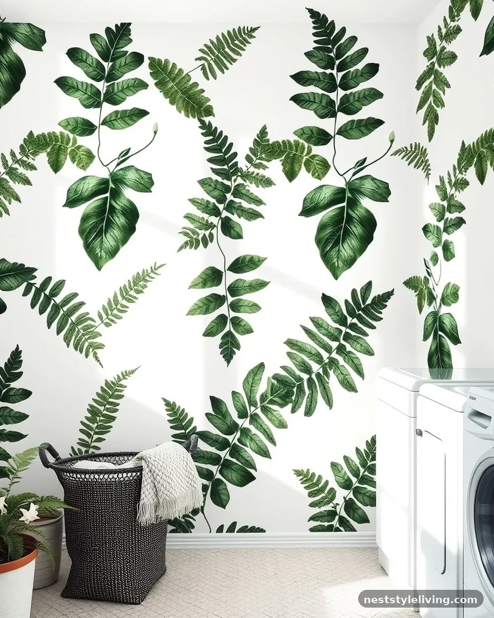 Botanical Fern Prints - 23 Laundry Room Wallpaper Ideas That Look Stylish