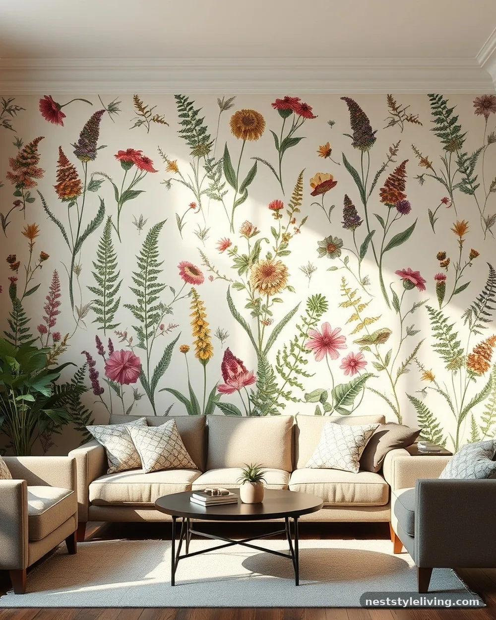 Botanical Wallpaper Feature Walls - 14 Cozy Cottagecore Living Room Ideas to Try at Home