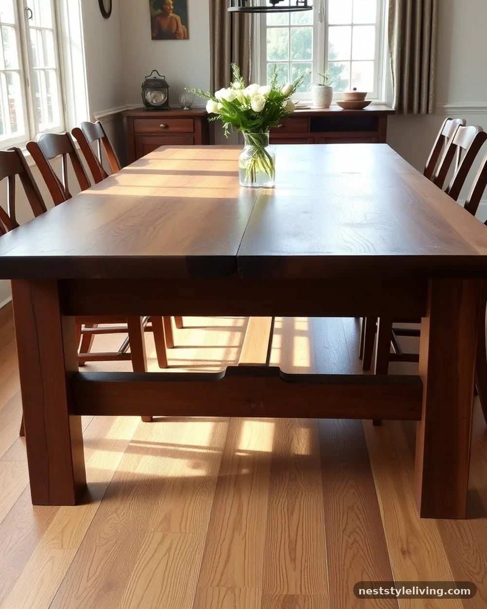 Deep Walnut Farmhouse Tables - 12 Elegant Dining Room Ideas That Feel Warm and Timeless