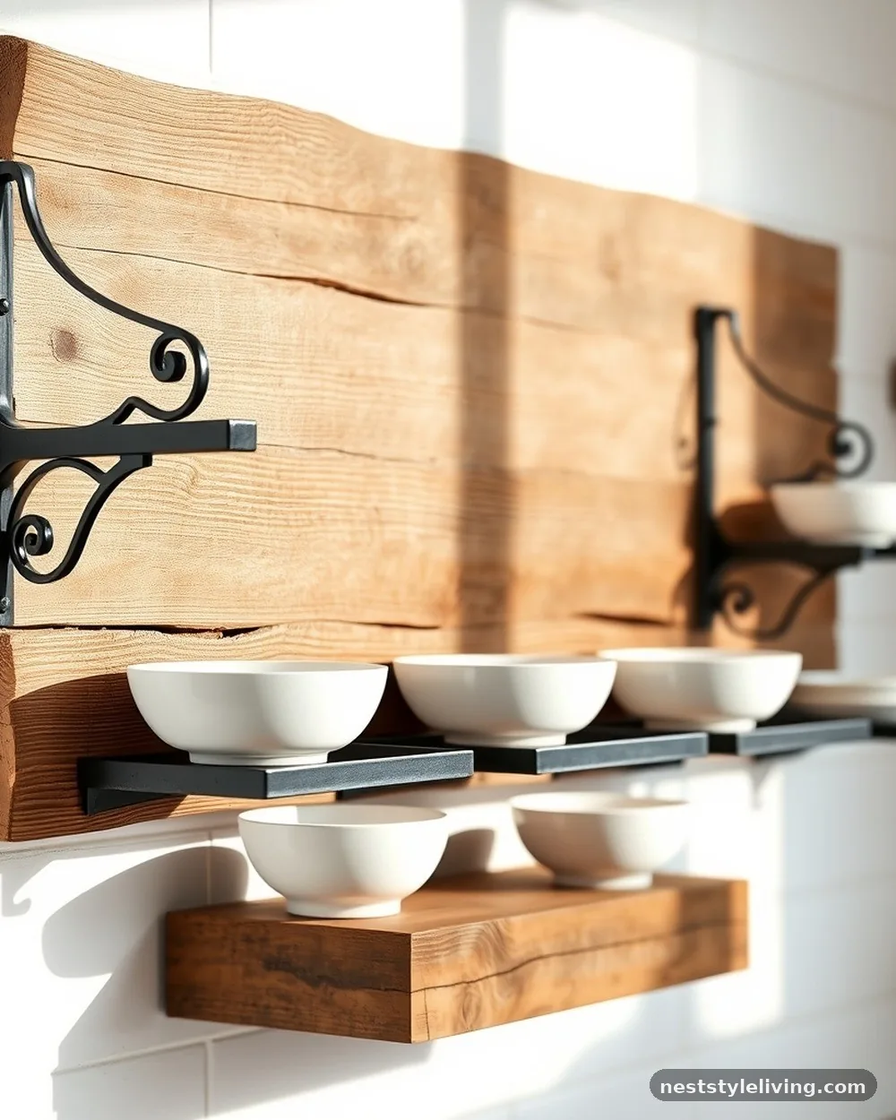 Reclaimed Timber Open Shelving - 21 Rustic Farmhouse Kitchen Ideas Full of Cozy Charm