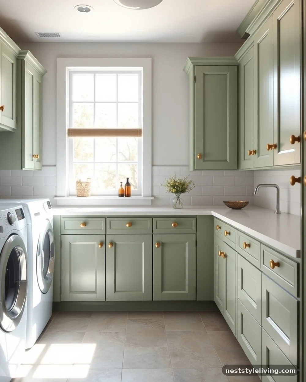 Sage Green Shaker Cabinetry - 15 Green Laundry Room Ideas for a Fresh Stylish Home