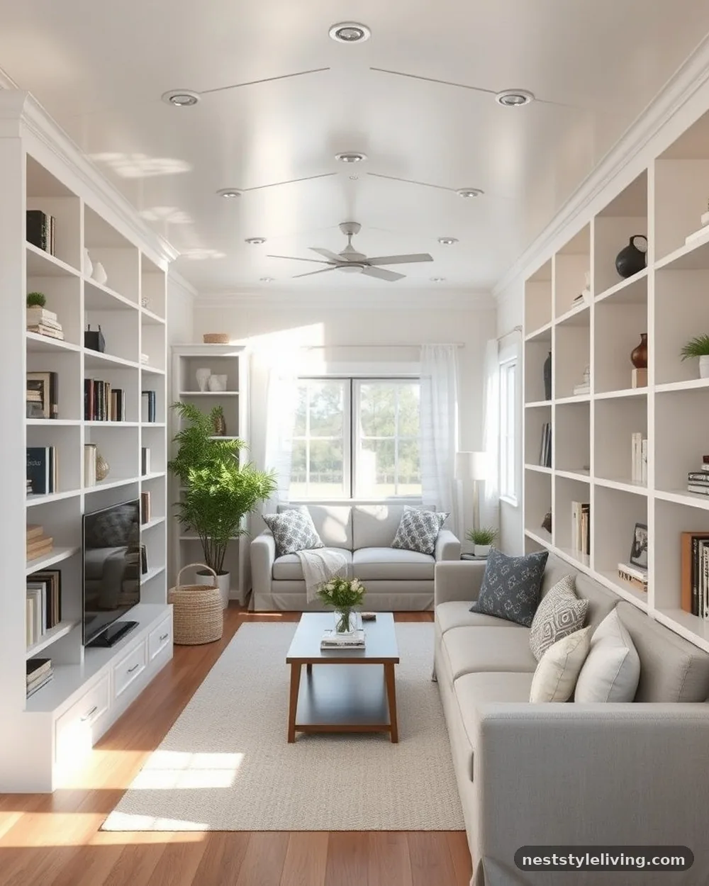 Vertical Floor-to-Ceiling Shelving - 23 Single Wide Trailer Living Room Ideas That Feel Cozy