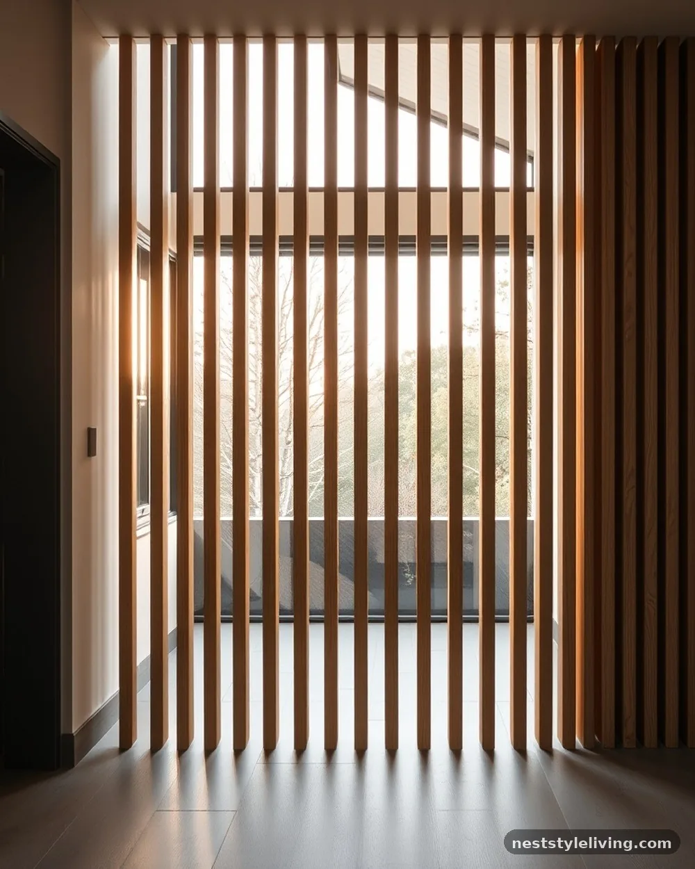 Vertical Oak Slat Screen - 22 Entryway Divider Ideas for a Stylish Modern Home