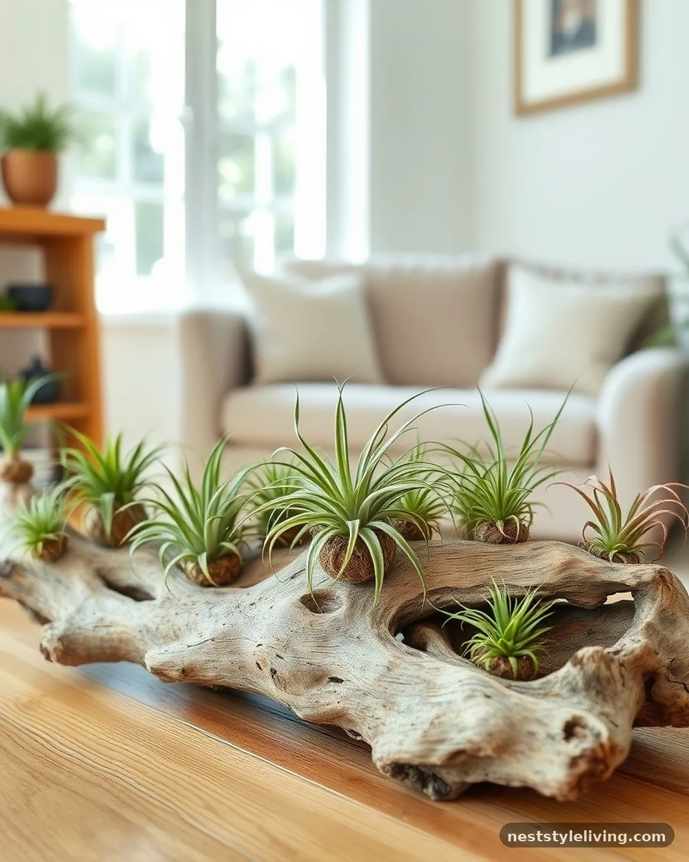 Driftwood-Mounted Air Plants in Living Areas - 12 Rooms With Plants Ideas for a Fresh Natural Look