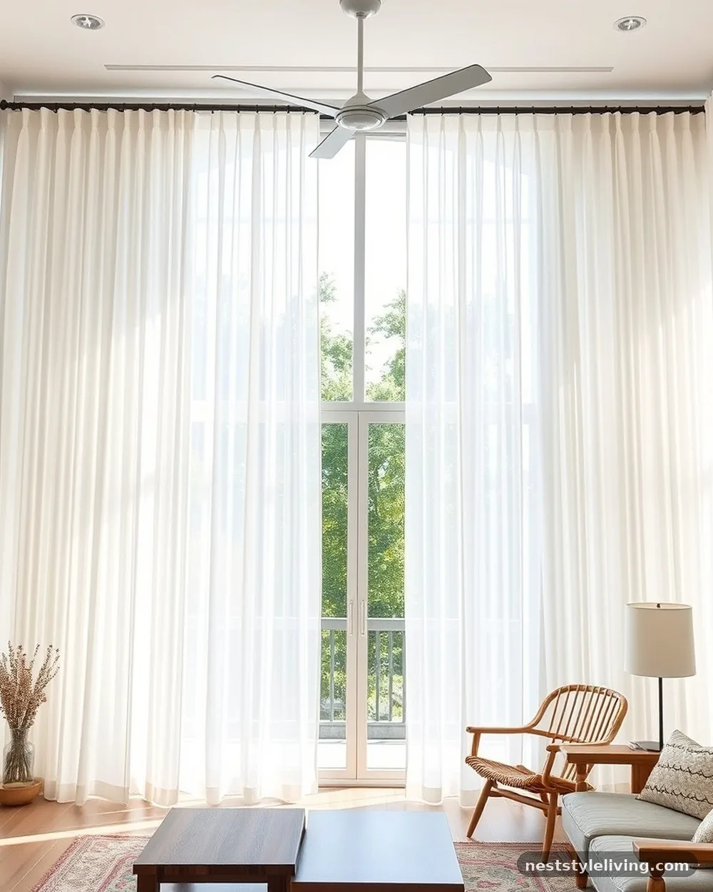 Floor-to-Ceiling Sheer Curtains - 18 Mid Century Modern Living Room Ideas to Love Today