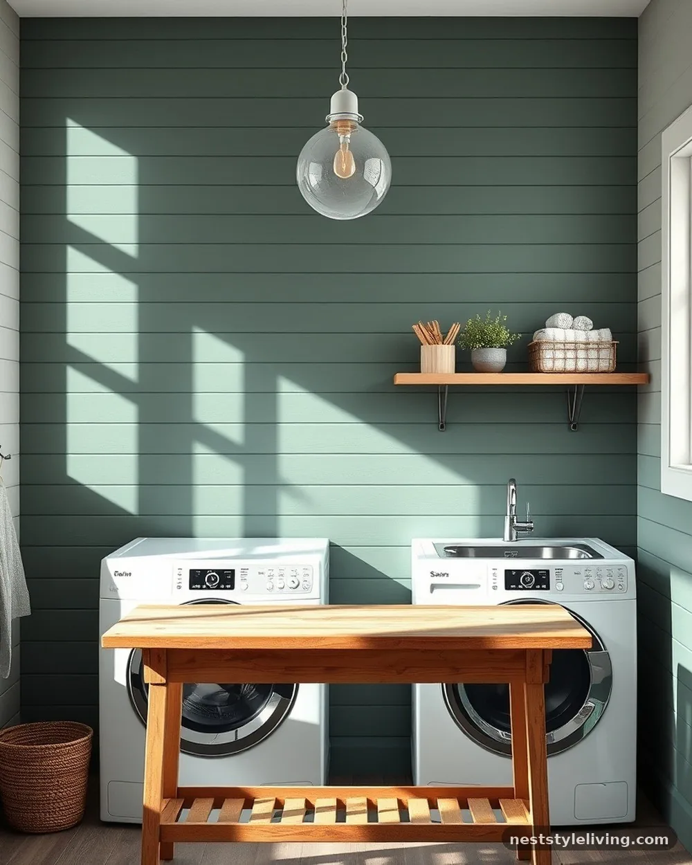 Moss Green Shiplap Feature Wall - 15 Green Laundry Room Ideas for a Fresh Stylish Home