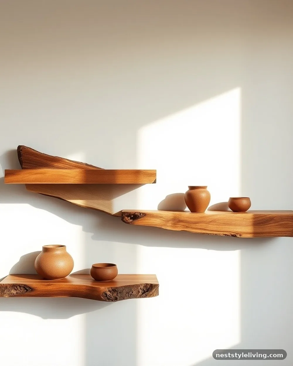 Raw Edge Floating Shelves - 17 Primitive Living Room Ideas With Warm Rustic Charm