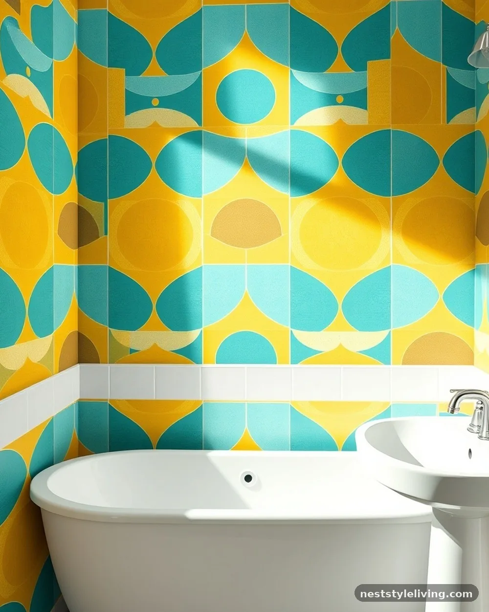 Geometric Wall Paper - 14 Mid Century Modern Bathroom Ideas With Retro Charm