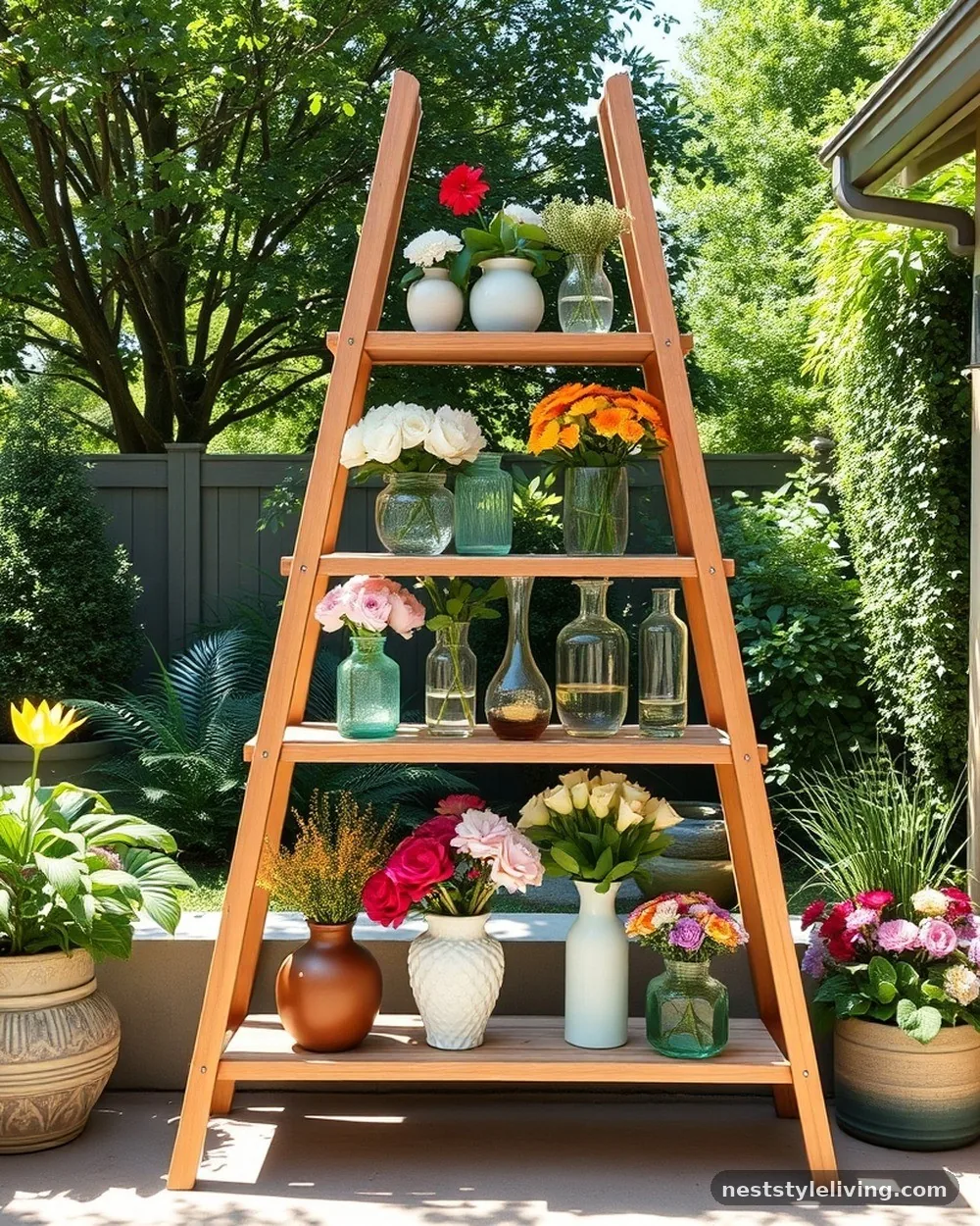 Ladder Shelf Display - 20 Flower Bar Ideas for a Charming Garden Setup Today