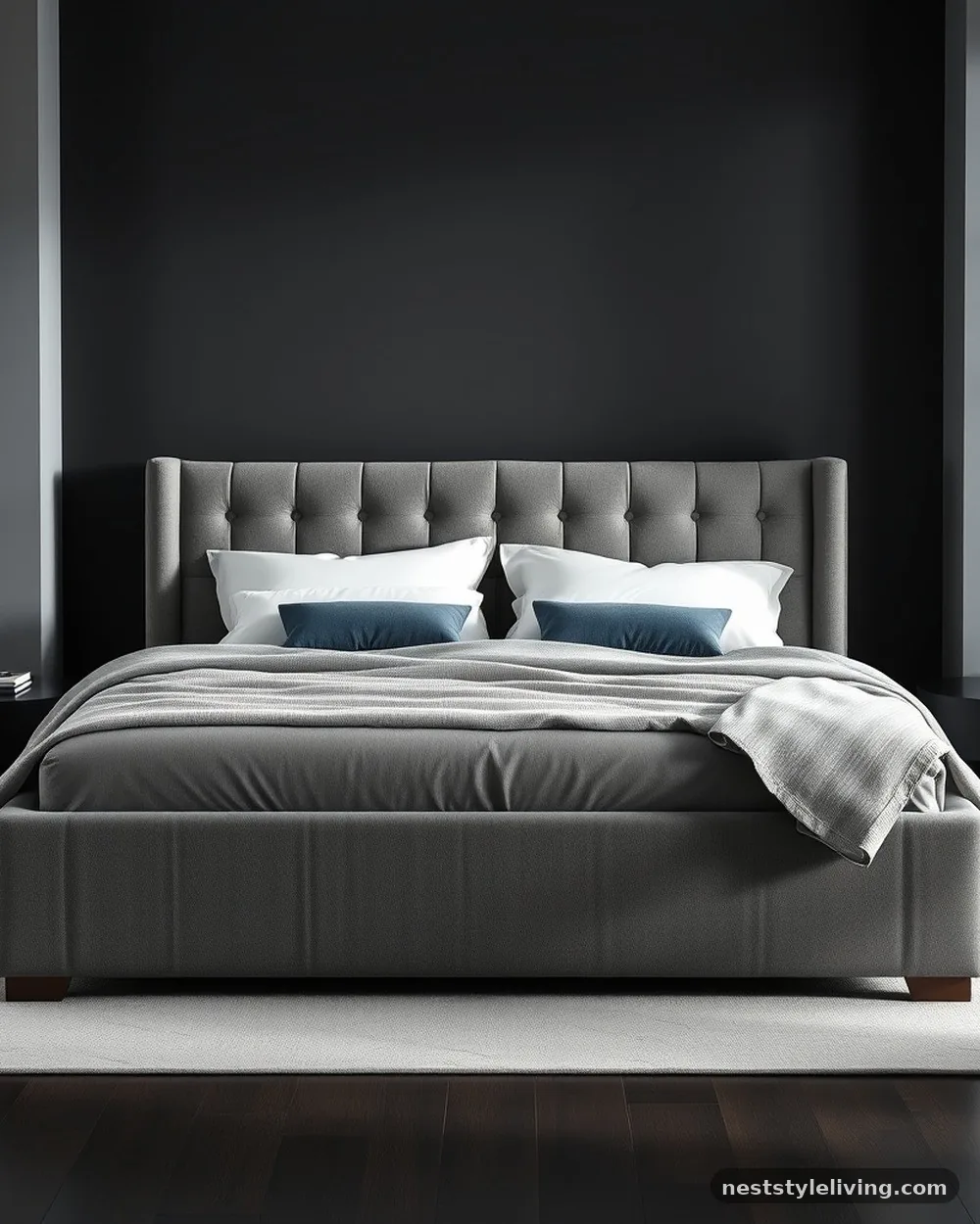 Linen Upholstered Bed Frame - 19 Dark Elegant Bedroom Ideas That Feel Cozy and Calm