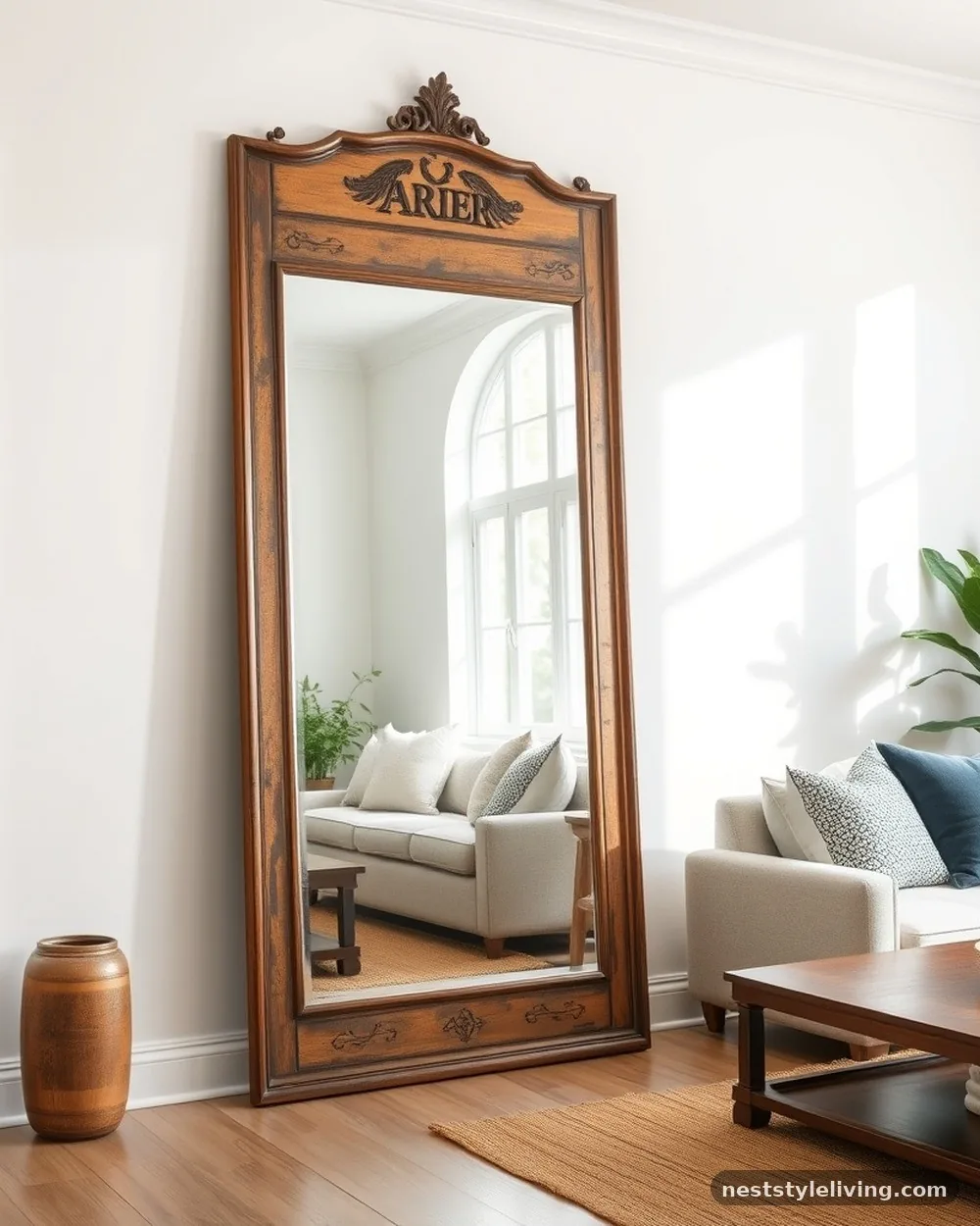 Oversized Leaner Mirrors - 17 Modern Farmhouse Living Room Ideas to Copy Now