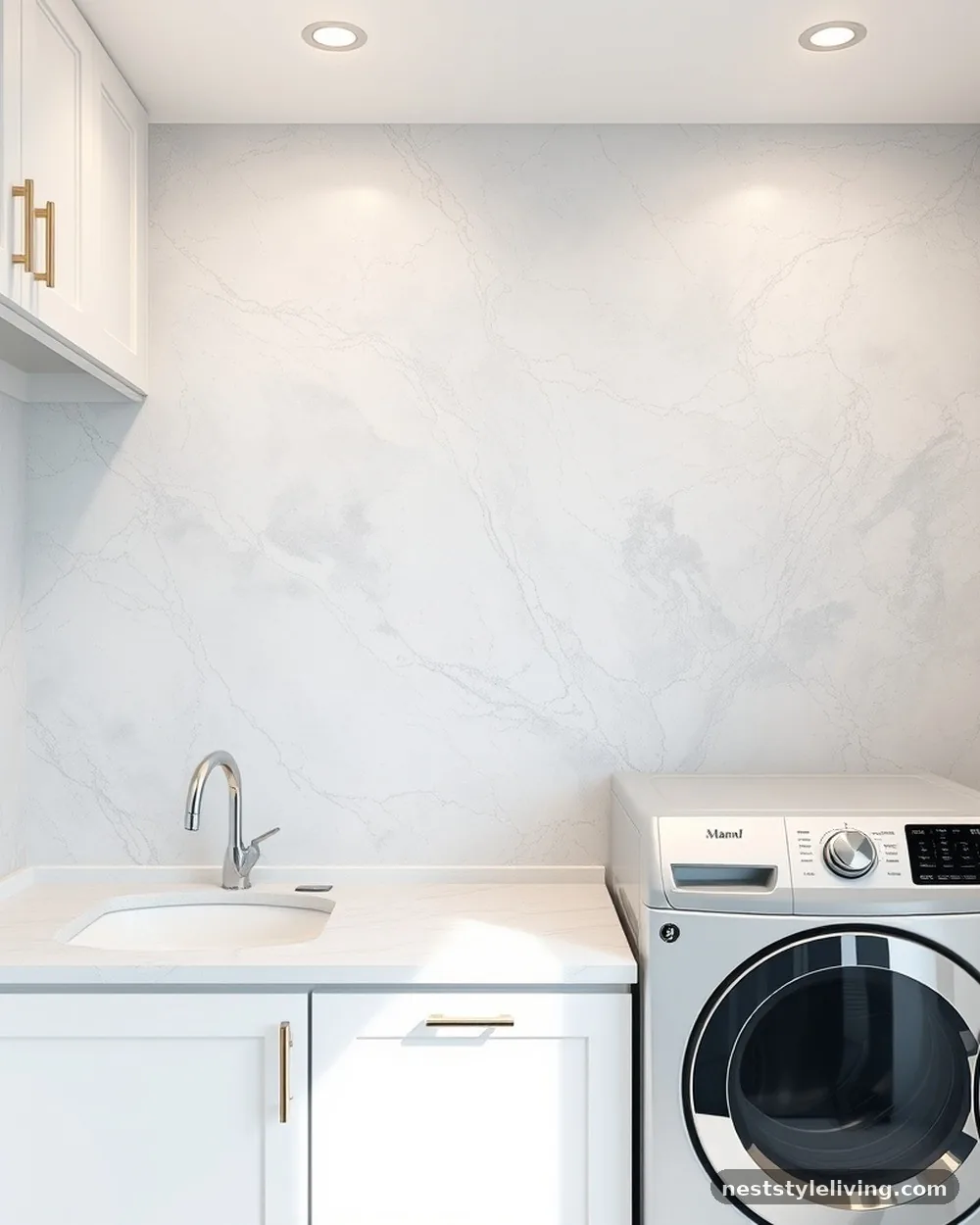 Sophisticated Marble Faux-Finish - 23 Laundry Room Wallpaper Ideas That Look Stylish