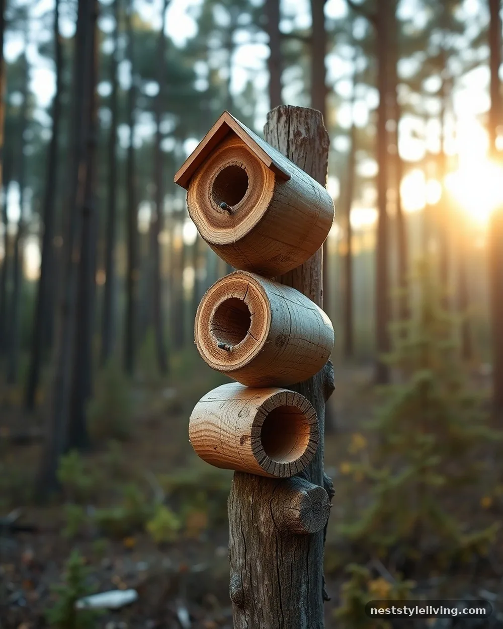 Vertical Log Cabin Clusters - 20 Birdhouse Ideas That Make Your Backyard Feel Special