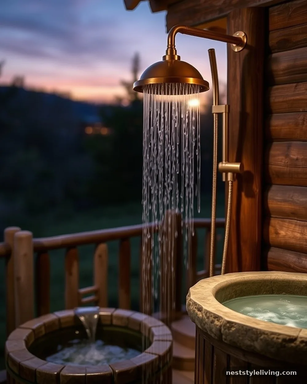 Copper Rainfall Shower - 21 Outdoor Jacuzzi Ideas for a Calm, Cozy Backyard