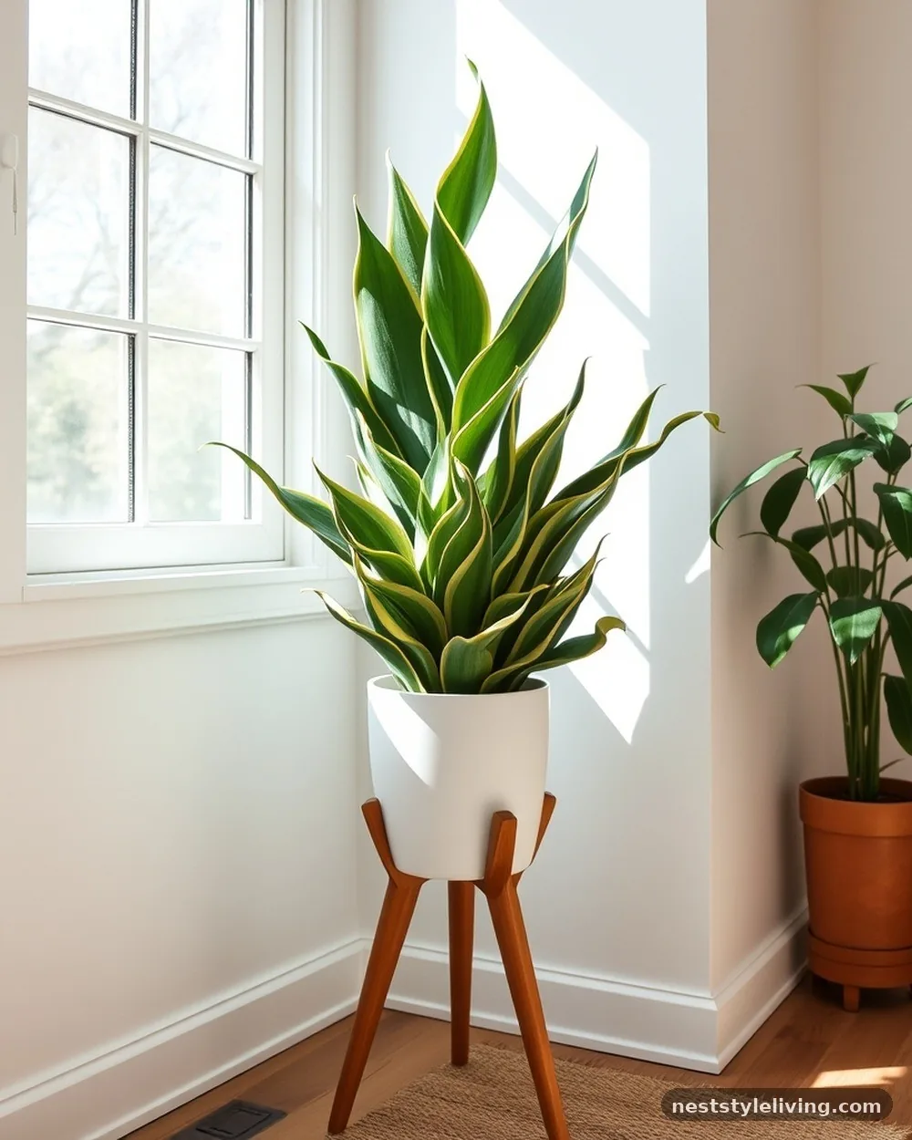 Potted Snake Plant in a Ceramic Planter - 15 Mid Century Modern Apartment Ideas With Character