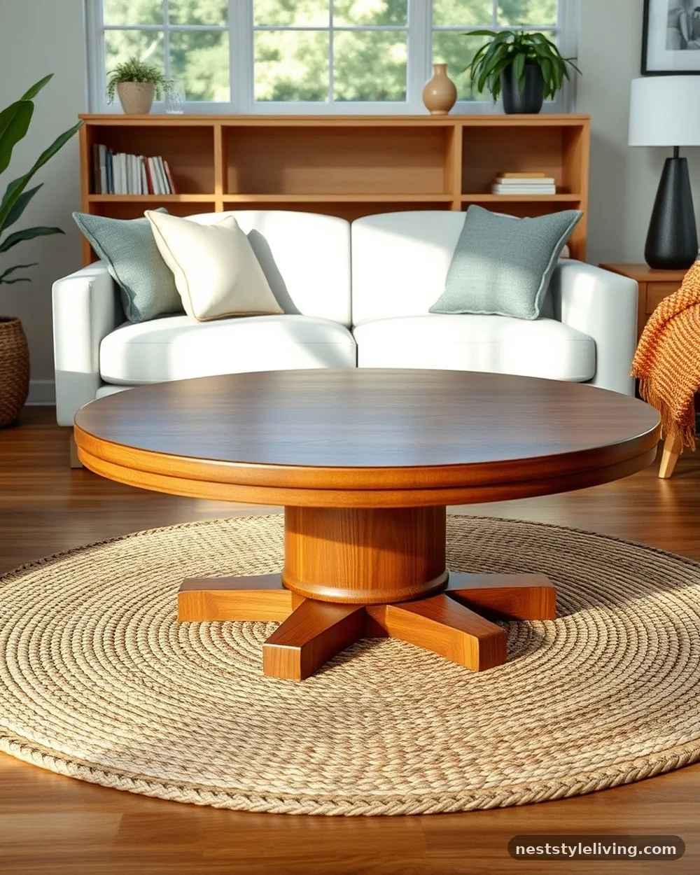 Round Pedestal Coffee Tables - 17 Modern Farmhouse Living Room Ideas to Copy Now