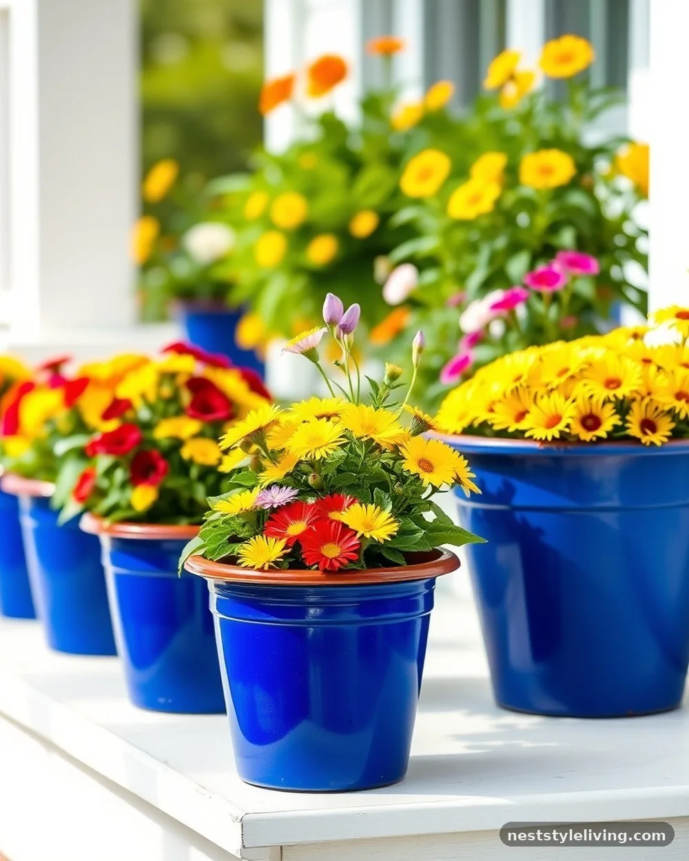 Brightly Coloured Enamel Pots - 19 Front Porch Flower Pots Ideas to Boost Curb Appeal