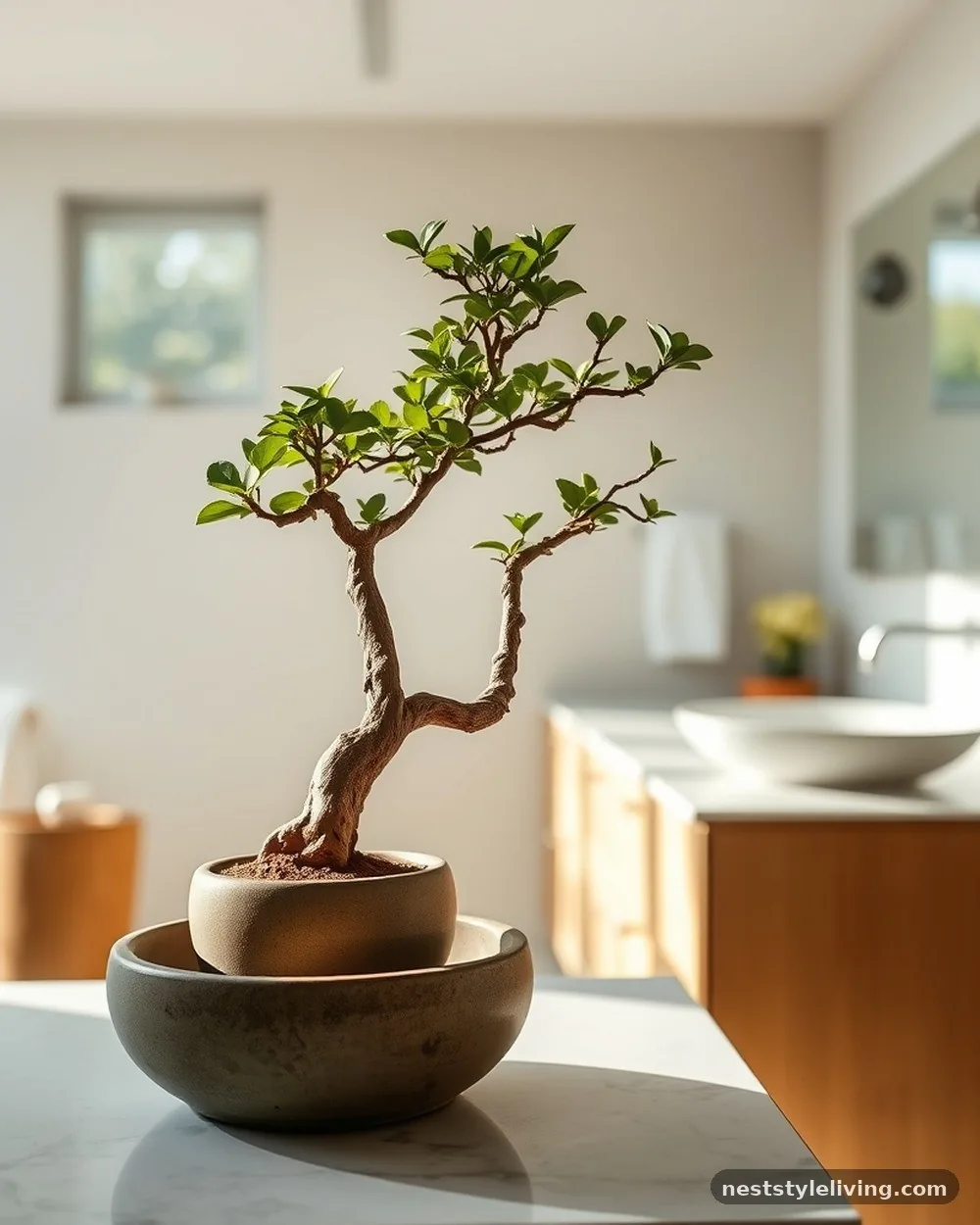 Potted Bonsai or Ferns - 13 Japandi Bathroom Ideas That Make Relaxing Feel Luxe