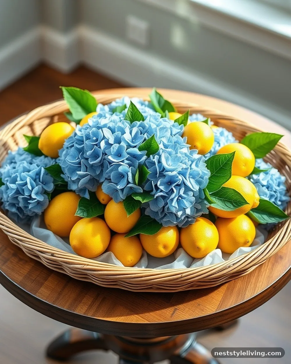 Wicker Tray with Lemon and Blue Hydrangeas - 18 Lemon Centerpiece Ideas for a Designer-Level Look