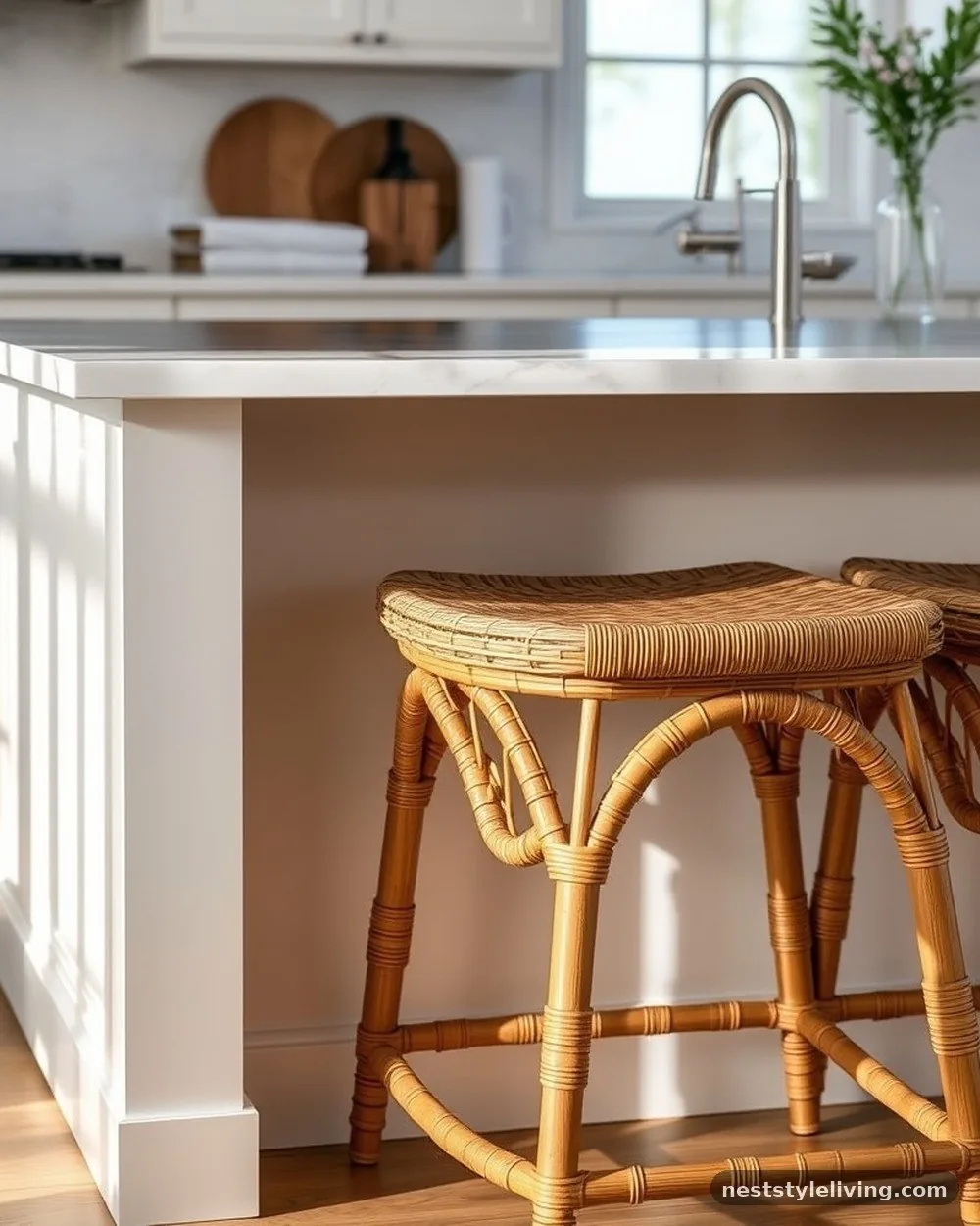 Woven Rattan Counter Stools - 21 Rustic Farmhouse Kitchen Ideas Full of Cozy Charm