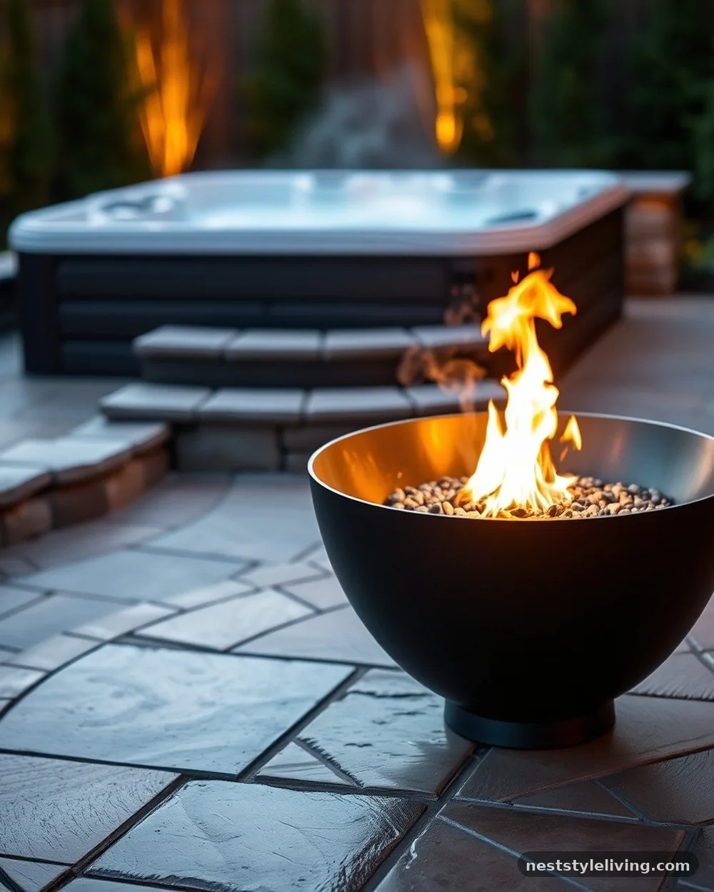 Fire Bowl Accent - 21 Outdoor Jacuzzi Ideas for a Calm, Cozy Backyard