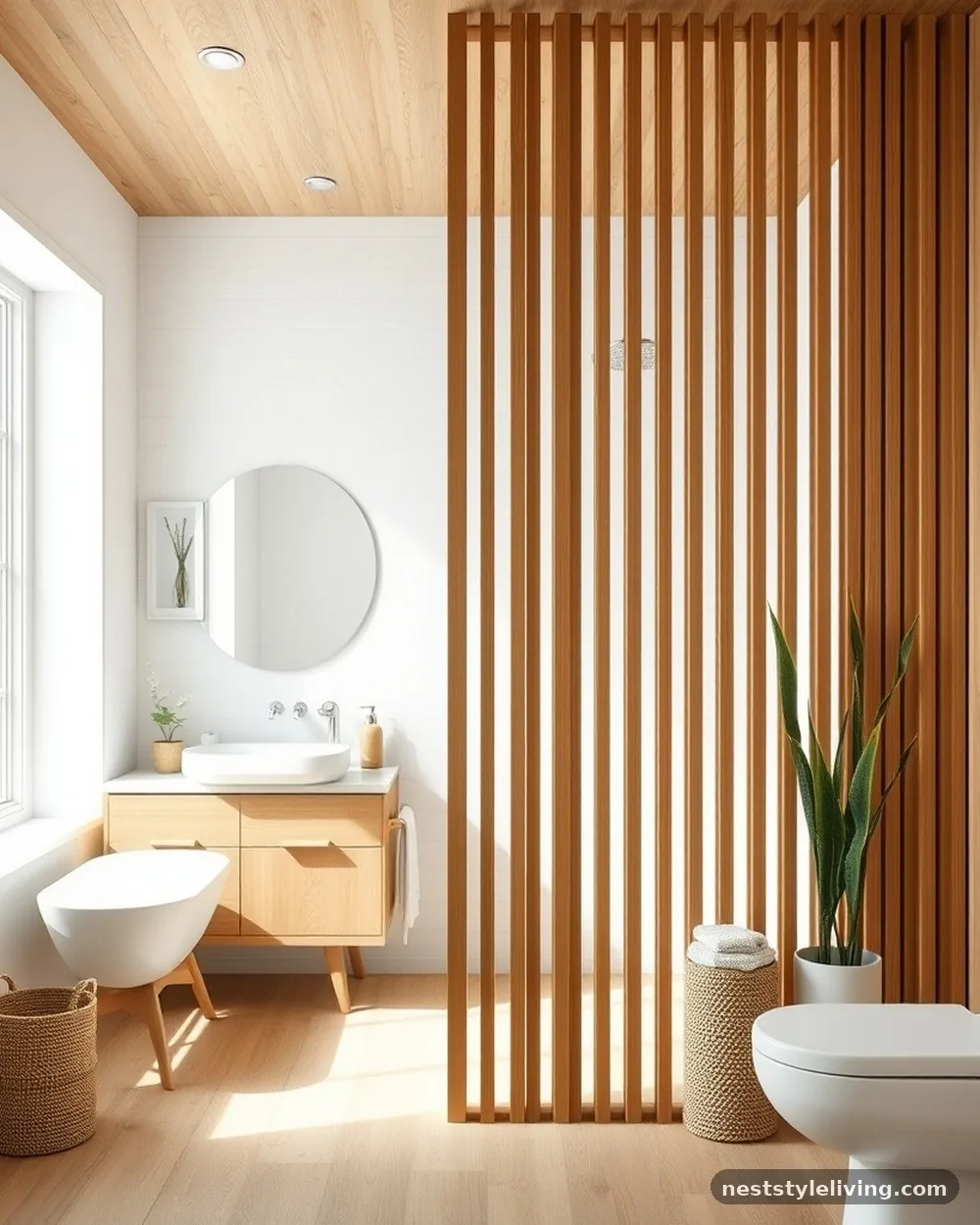 Slatted Wood Dividers - 14 Mid Century Modern Bathroom Ideas With Retro Charm