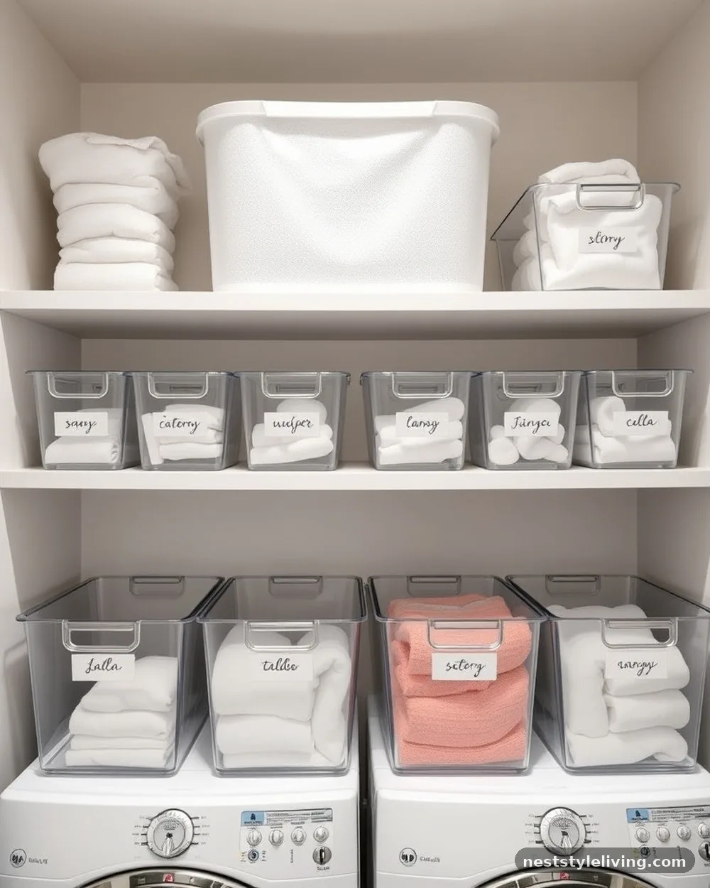 Uniform Storage Bins and Labels - 16 Laundry Closet Ideas That Make Small Spaces Work