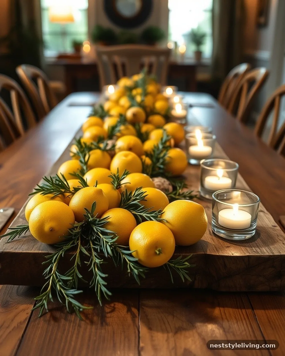 Wooden Plank with Votives and Fruit - 18 Lemon Centerpiece Ideas for a Designer-Level Look