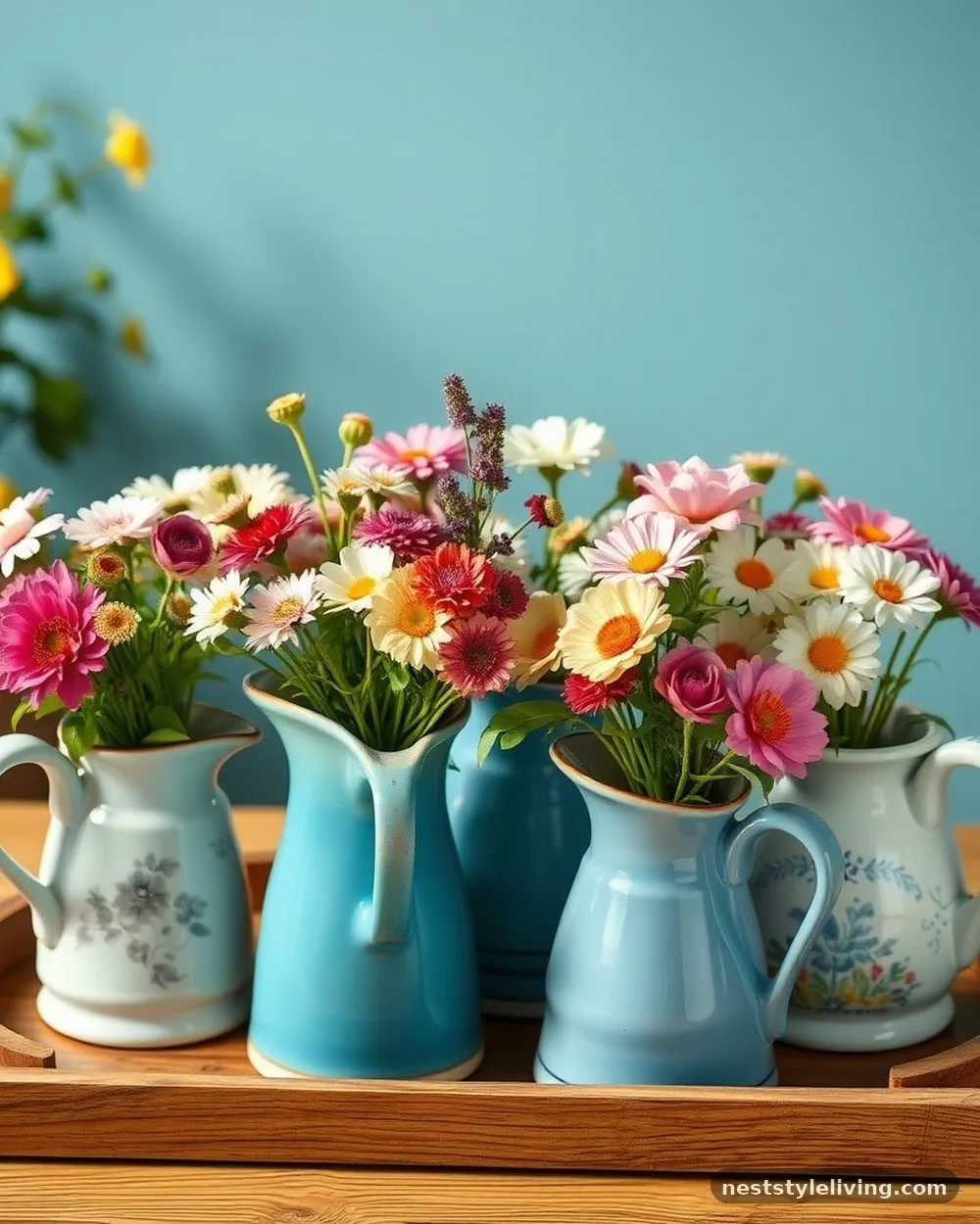 Ceramic Pitcher Array - 20 Flower Bar Ideas for a Charming Garden Setup Today