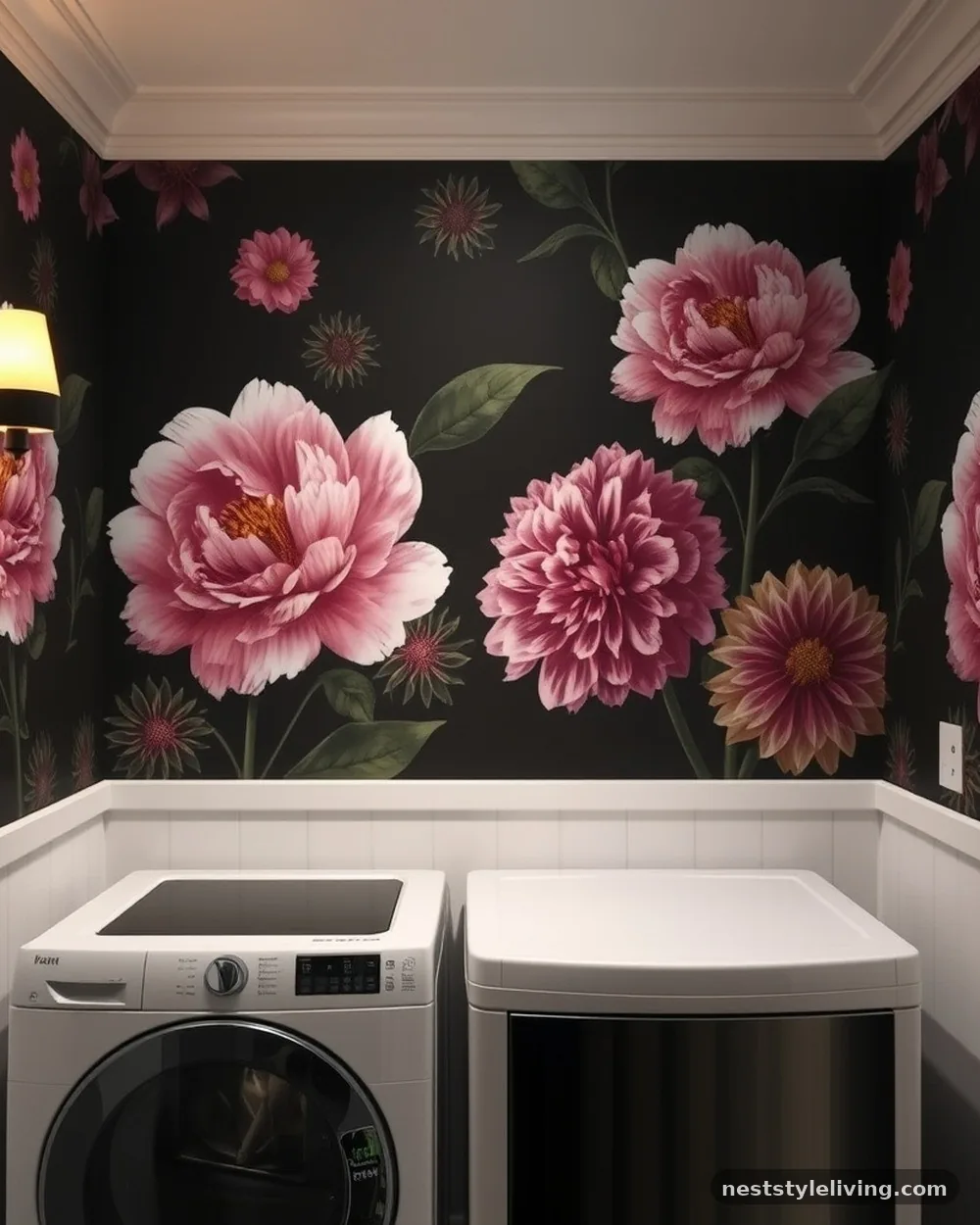 Dark Floral Murals - 23 Laundry Room Wallpaper Ideas That Look Stylish