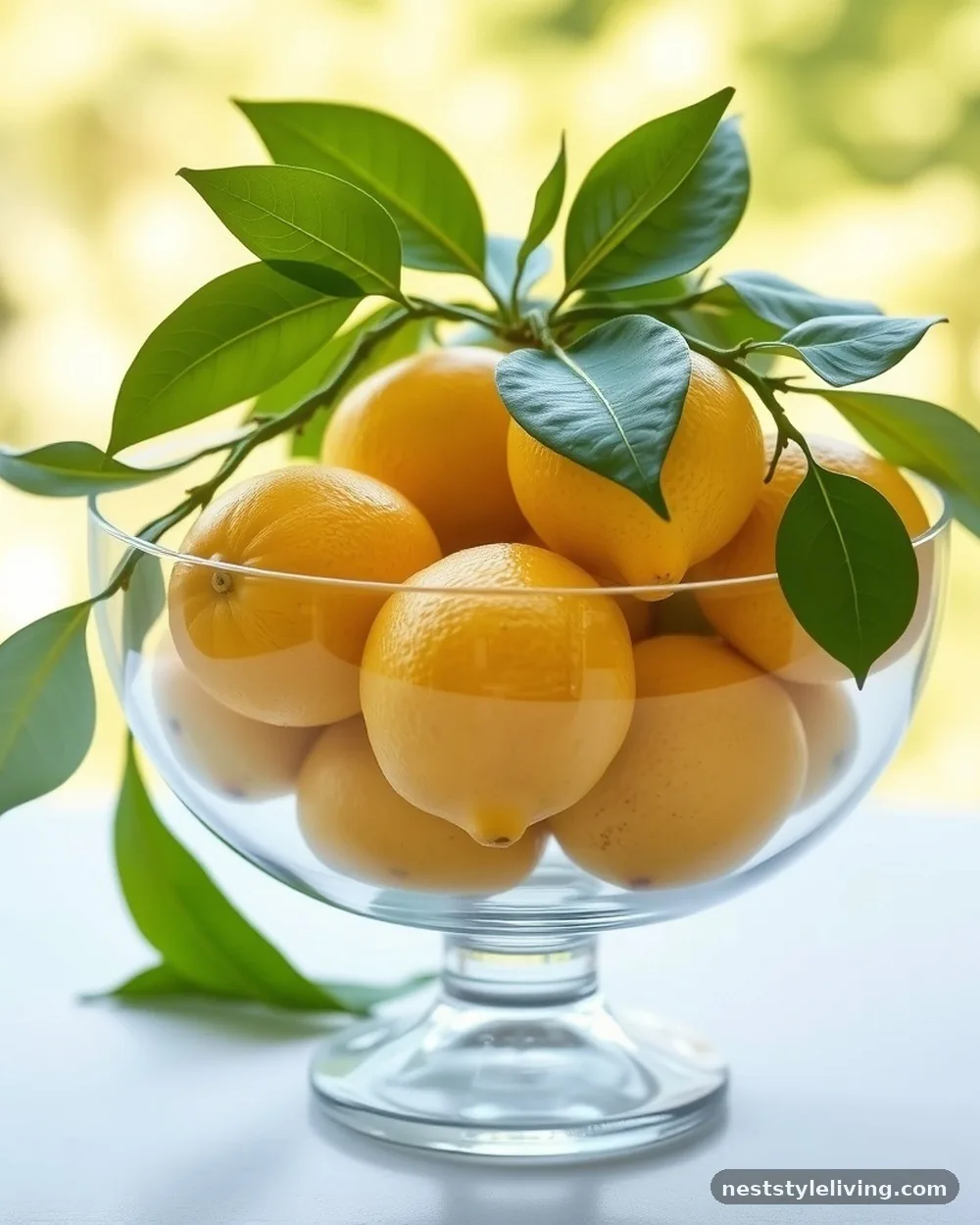 Footed Glass Bowl with Lemon Leaves - 18 Lemon Centerpiece Ideas for a Designer-Level Look