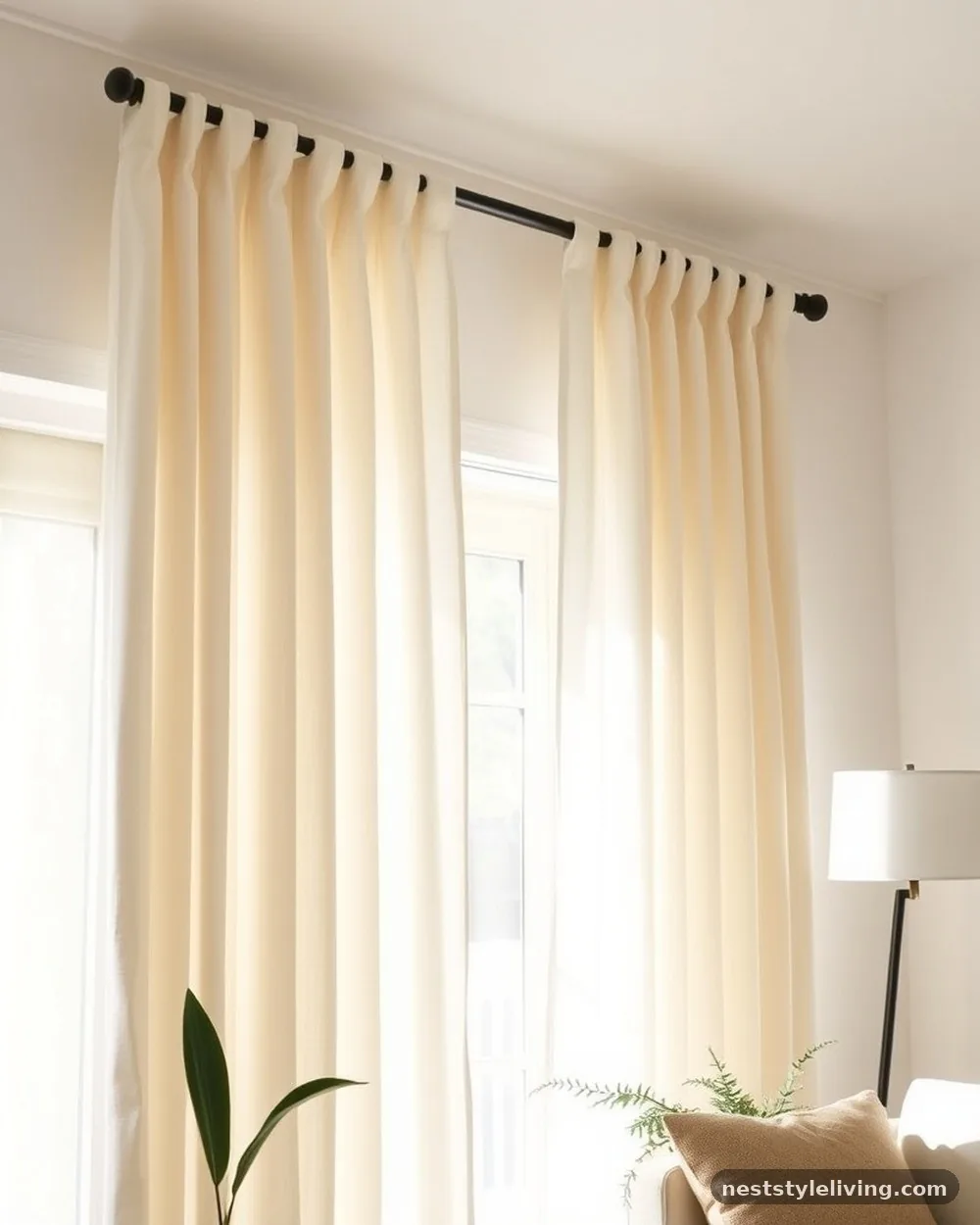 Neutral Curtains with Iron Rods - 17 Modern Farmhouse Living Room Ideas to Copy Now