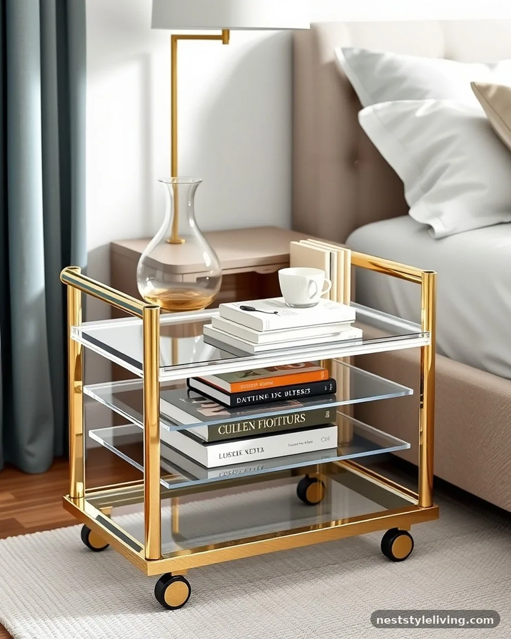 Lucite and Gold Bedside Carts - 20 80s Bedroom Ideas for a Fun Retro Look