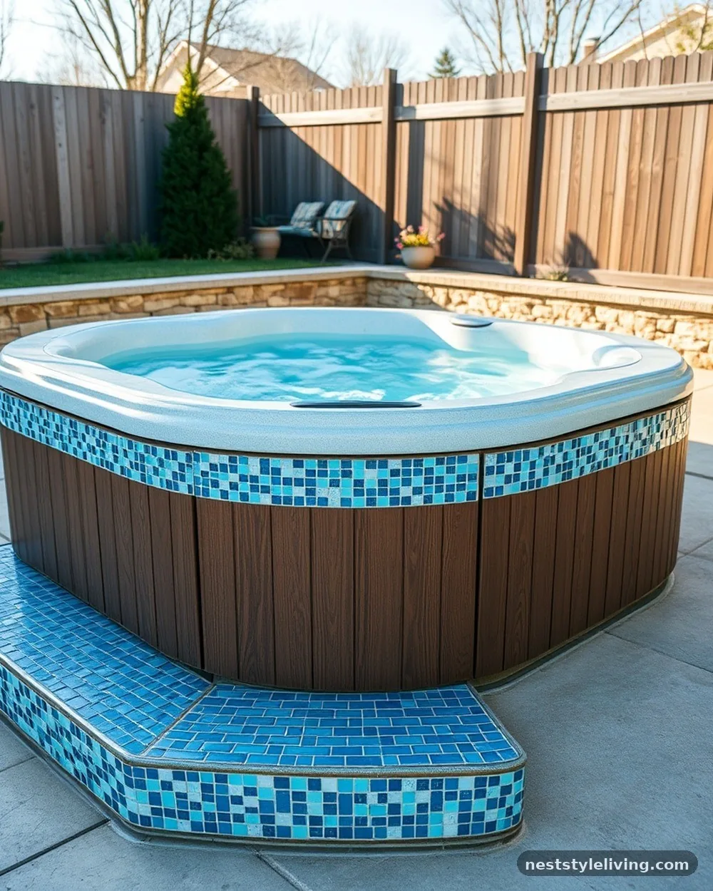 Mosaic Tile Accents - 21 Outdoor Jacuzzi Ideas for a Calm, Cozy Backyard